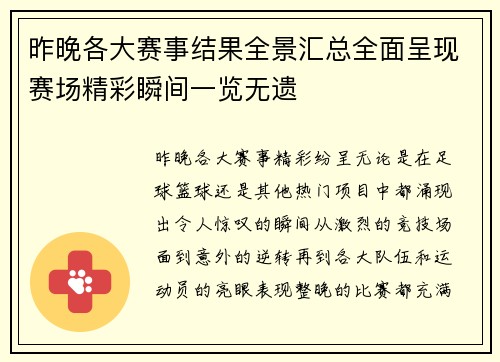 昨晚各大赛事结果全景汇总全面呈现赛场精彩瞬间一览无遗 昨晚各大赛事结果全景汇总全面呈现赛场精彩瞬间一览无遗